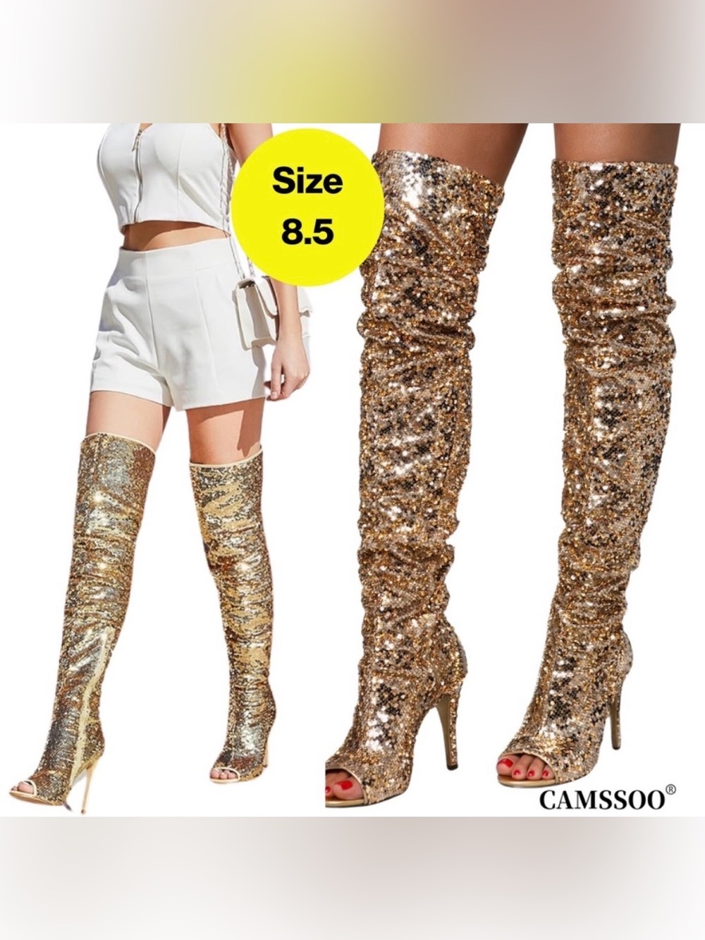 CAMSSOO 🌟 Gold Sequins Over-the-Knee Stiletto Peep-Toe Boots (Women's Size 8.5)